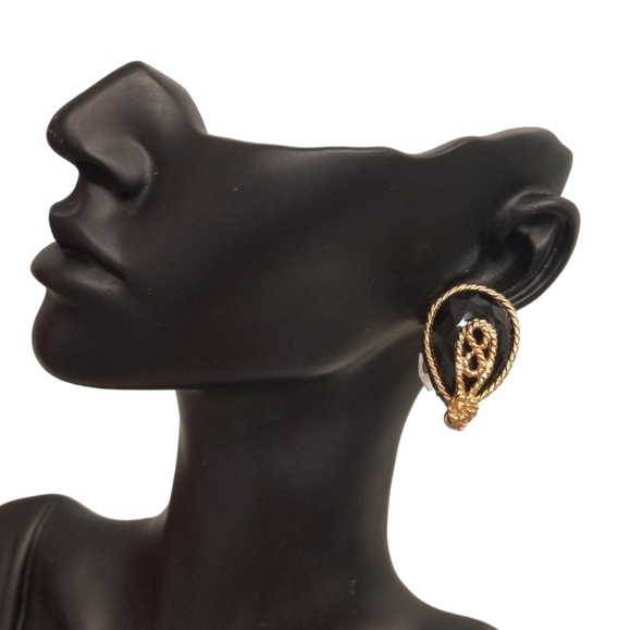 ELLEN DESIGNS VINTAGE 1980s BLACK GLASS & GOLDTONE CLIP ON STATEMENT EARRINGS - Picture 2 of 7